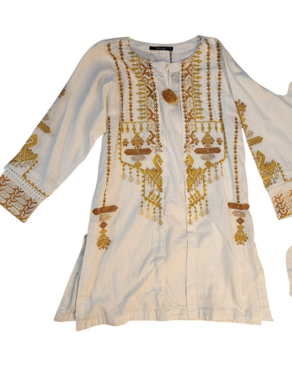 NWT Khaadi Women's Top Size 10 White Gold Embroidered Long Sleeve